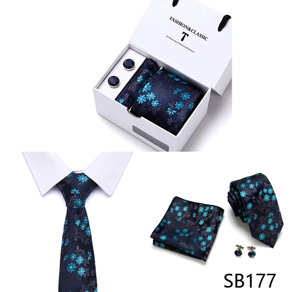 High Quality 7.5 cm Stripe Blue Tie Pocket Square Cufflinks Set For Men Gift Box Wedding Gravatas Fit Workplace