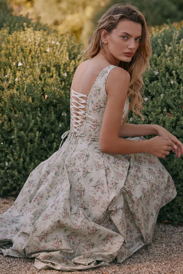 Summer Elegant Lace Up Dress 2025 New Arrivals Floral Print Midi Dress Women Sexy Corset Dress for Holiday Birthday