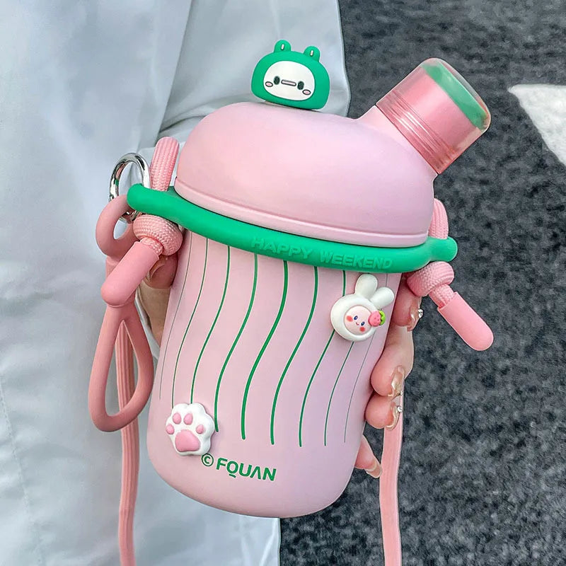 Cartoon Cute Stainless Steel Insulation Water Bottle Outdoor Double Drink Thermos Cup Portable Children Vacuum Straw Thermal Cup