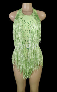 Sparkly Rhinestones Fringes Leotard Women Nightclub Party Outfit Dance Costume One-piece Stage Wear Sexy Performance Bodysuit