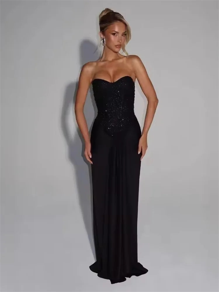 COOBBU Sexy Sequin Patchwork Strapless Maxi Dress Women 2026 Sleeveless Off-shoulder Cinched-waist Pleated Dresses Lady Evening