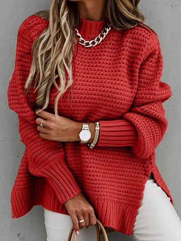 Autumn Winter Women Knitted Sweater Mock Neck Casual Loose Basic Pullovers Warm Elegant Solid Batwing Sleeve Side Split Tops