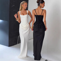 Suninheart White Women's Maxi Dress Elegat Lace Up Dress Slim Formal Wedding Guest Party Dress