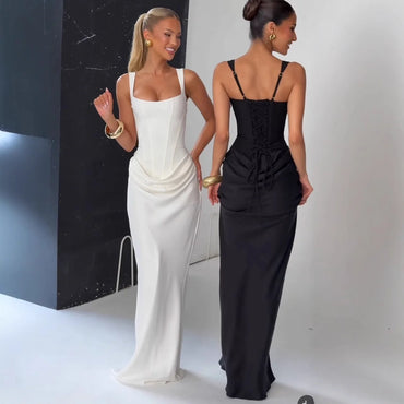 Suninheart White Women's Maxi Dress Elegat Lace Up Dress Slim Formal Wedding Guest Party Dress