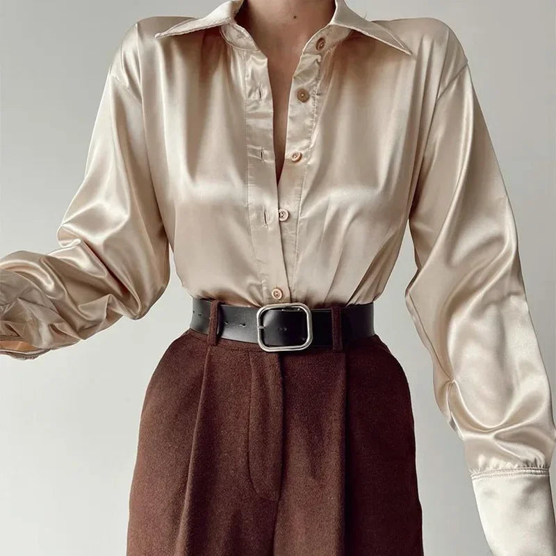Fashion Long Sleeve Satin Women Shirts Office Lady Elegant Loose Silk Blouses Button Up Tops