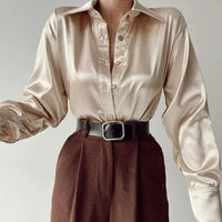 Fashion Long Sleeve Satin Women Shirts Office Lady Elegant Loose Silk Blouses Button Up Tops