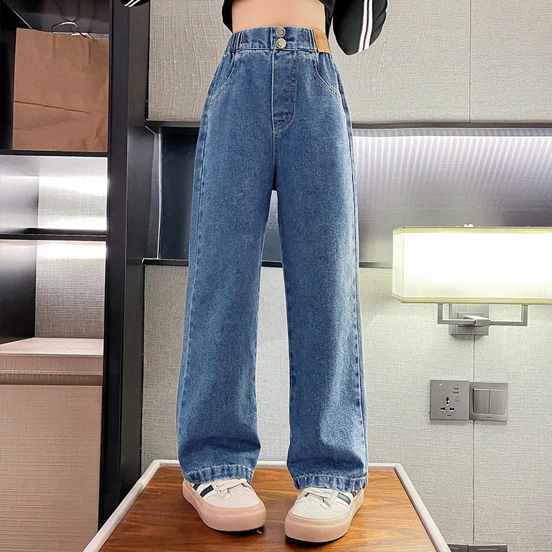 Wide Leg Jeans for Girls 6 8 9 10 11 12 14 Years Spring Autumn Loose Vintage Straight Retro Pants Fashion Teenage Kids Trousers