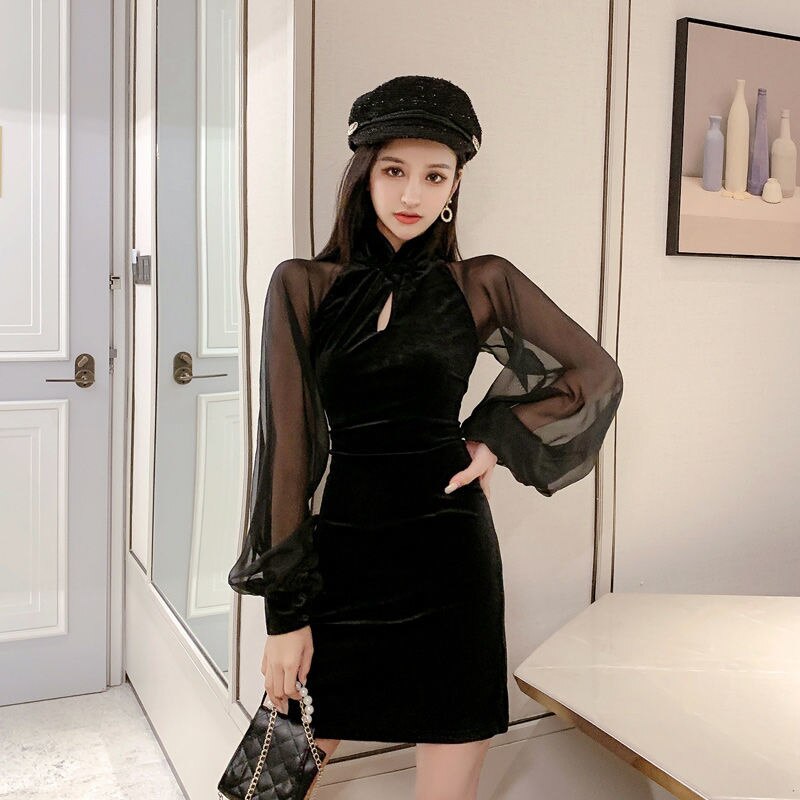 Chiffon Velvet Lantern Sleeves Cheongsam New Sexy High Waist Jumpsuit Short Women Vestidos Vintage Dresses Loose Dress