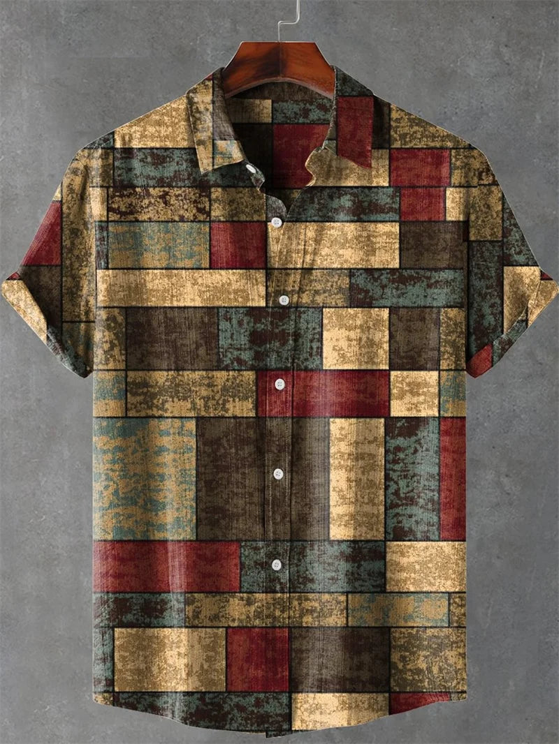 Men's Short Sleeve Shirt High Quality Vintage Ethnic Style Floral Geometric Striped Neckline Art Print Casual Linen Shirt