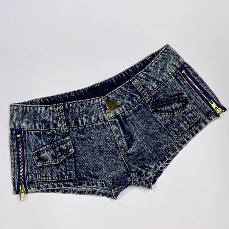 New Retro Women's Ultra Ripped Low Waist Thong Denim Shorts With Pockets Side Zipper Mini Short Female Jeans Feminino Nightclub