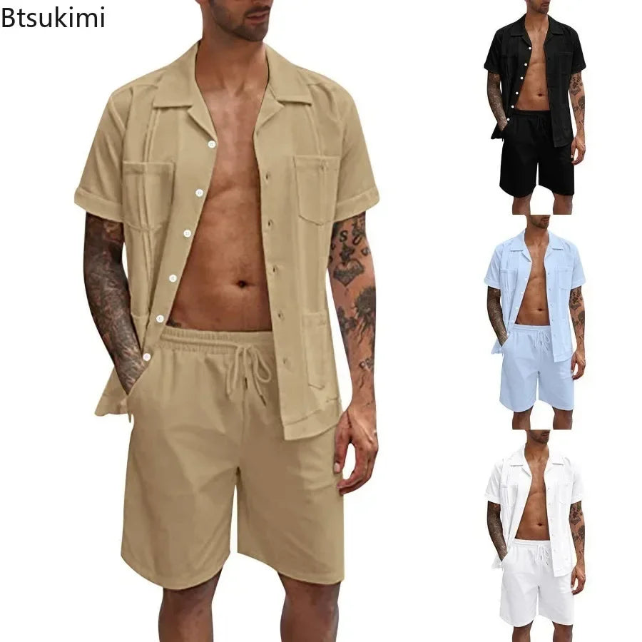New Men's Summer Casual Sport 2 Piece Sets Fashion Cotton Linen Short Sleeve Shirt and Shorts Suit Men Loose Sport Shirt Outfits
