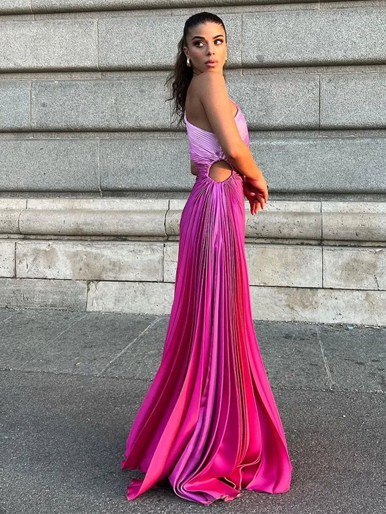 One Shoulder Tie Dye Pleated Maxi Dress Women Hollow Out Backless Sleeveless Robes 2023 Summer Chic Female Evening Prom Vestidos