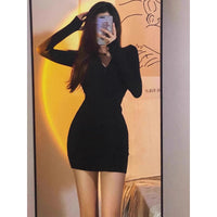 Slim Fit Long Sleeve V-Neck Dress Sexy Black Mini Dress for Women Autumn Winter Fashion Street Style Polyester Spandex Blend