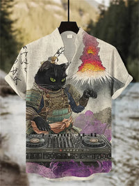 Men's Cat Print Short-Sleeve Shirt, Stand Collar Retro Casual Top, Breathable Slim Fit Shirt, Outdoor Casual Hawaiian Shirt