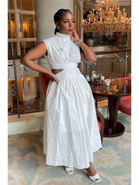 Summer Dresses 2025 Mock Neck Sleeveless Cutout White Maxi Dresses A-Line Elegant Pockets Casual Party Hollow Out Long Dress