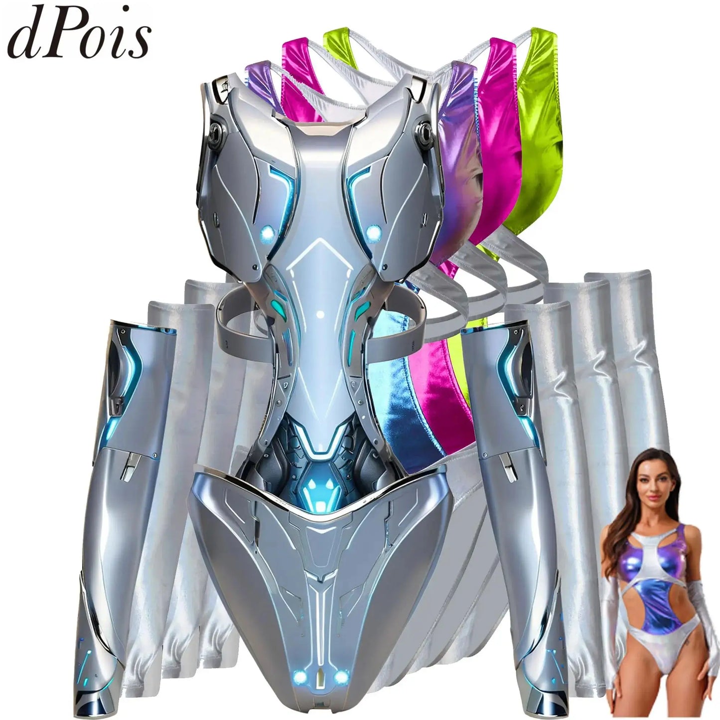 Women Metallic Shiny Bodysuit with Fingerless Long Gloves Contrast Cut Out Leotard for Halloween Cosplay Astronaut Alien Costume