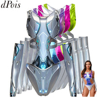 Women Metallic Shiny Bodysuit with Fingerless Long Gloves Contrast Cut Out Leotard for Halloween Cosplay Astronaut Alien Costume