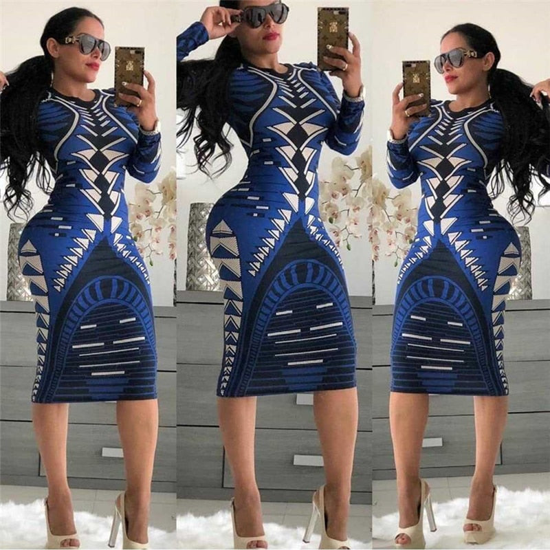 Women Spring Summer Sexy Print Bodycon Dress Long Sleeve Knee-length Casual Vintage Dress Elegant Slim Midi Party Dress Vestidos