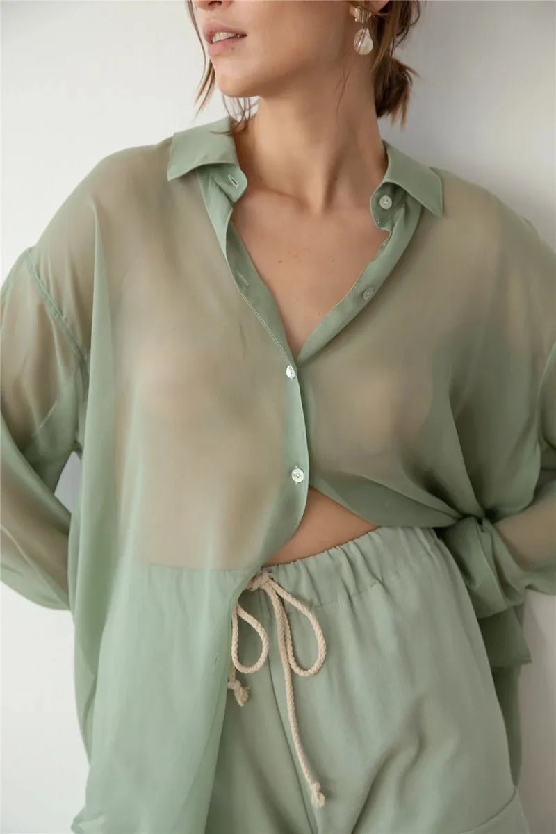 Shirts and Blouses Women Button Up Transparent Shirt Sun-proof Summer Clothes 2023 New Female Causal Fashion Tops Beach Cover Up