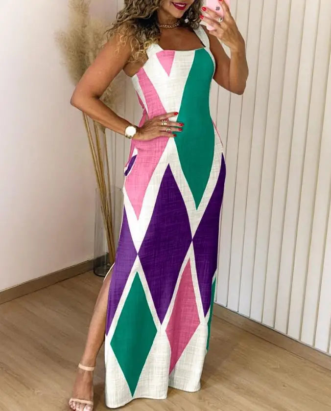 Boho Womens Summer Dress Retro Print Casual Slim Slit Square Neck Sleeveless Strappy Elegant  Tank Dresses For Women Robe