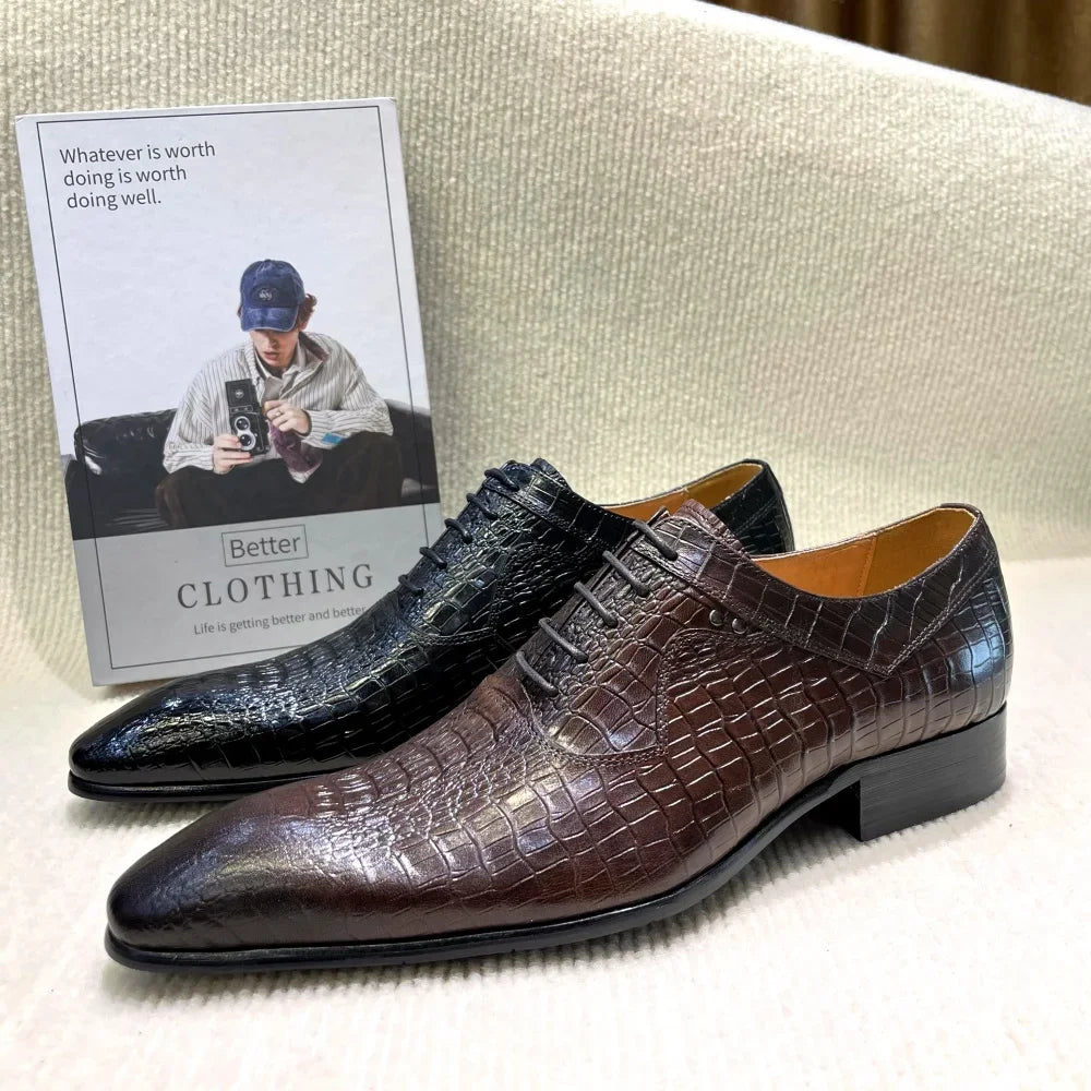 Italian Luxury Men's Pointed Toe Oxford Shoes Black Coffee Leather Lace-Up Dress Shoes for Wedding Office Business Formal Wear