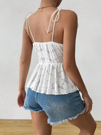 Women's Cami Top White Boho Eyelet Tank Top Strap Square Neck Peplum Hem Ruffle Spring Summer Casual Beach Vacation Blouse