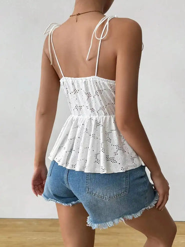 Women's Cami Top White Boho Eyelet Tank Top Strap Square Neck Peplum Hem Ruffle Spring Summer Casual Beach Vacation Blouse