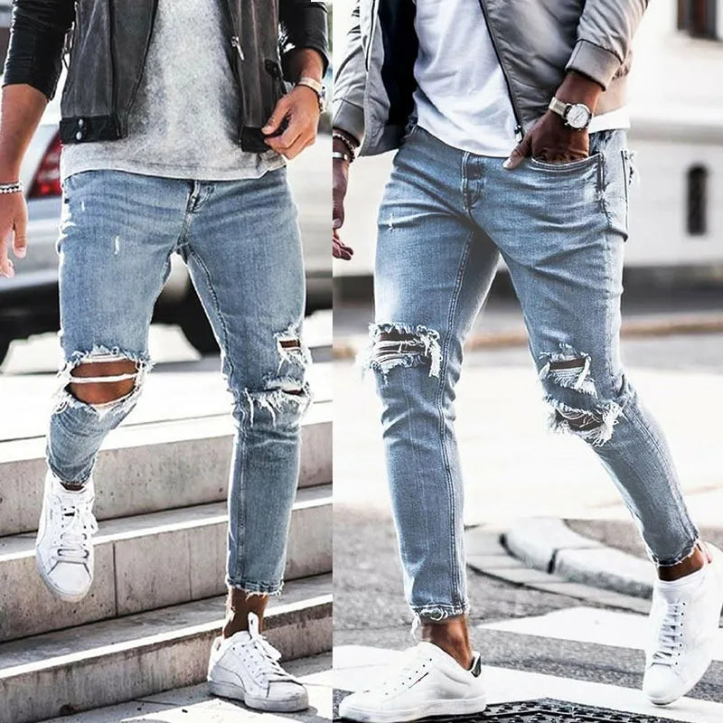 New Skinny Jeans men Streetwear Destroyed Ripped Jeans Homme Hip Hop Broken modis male Pencil Biker Embroidery Patch Pants