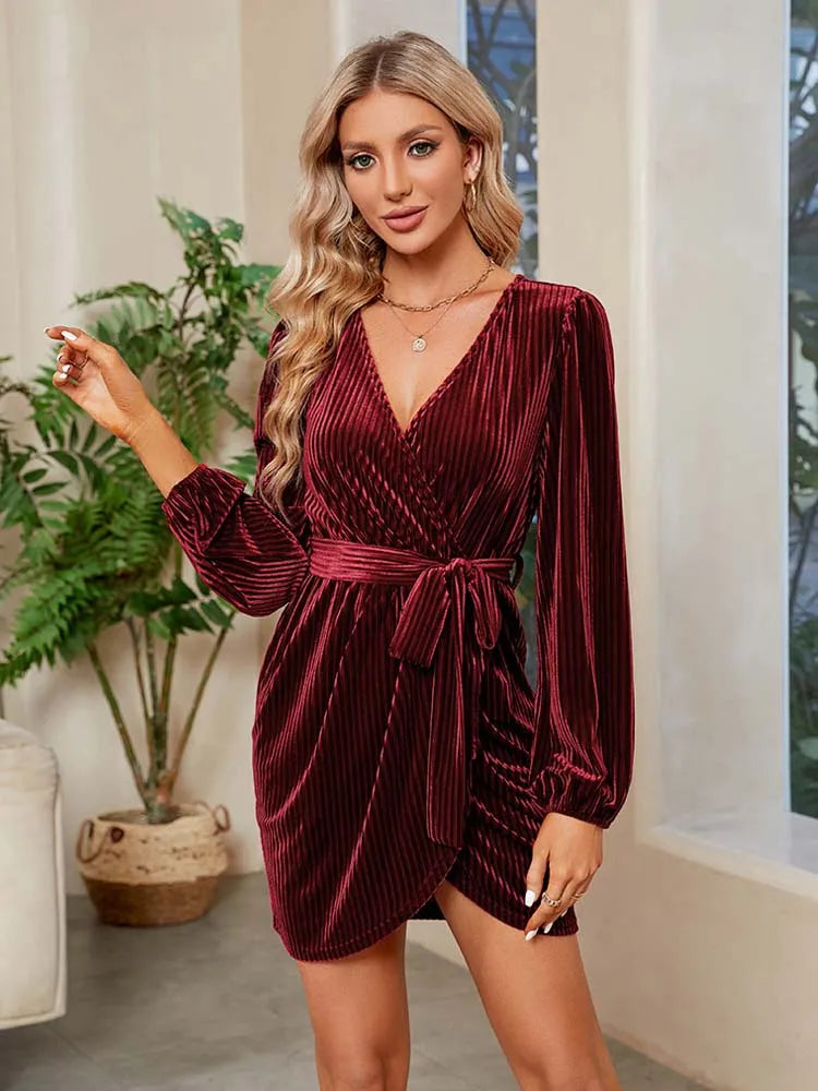 2023 Autumn Red Velvet Dress Women Long Sleeve V-neck Wrap Dress Mini Short Party Dresses for Women