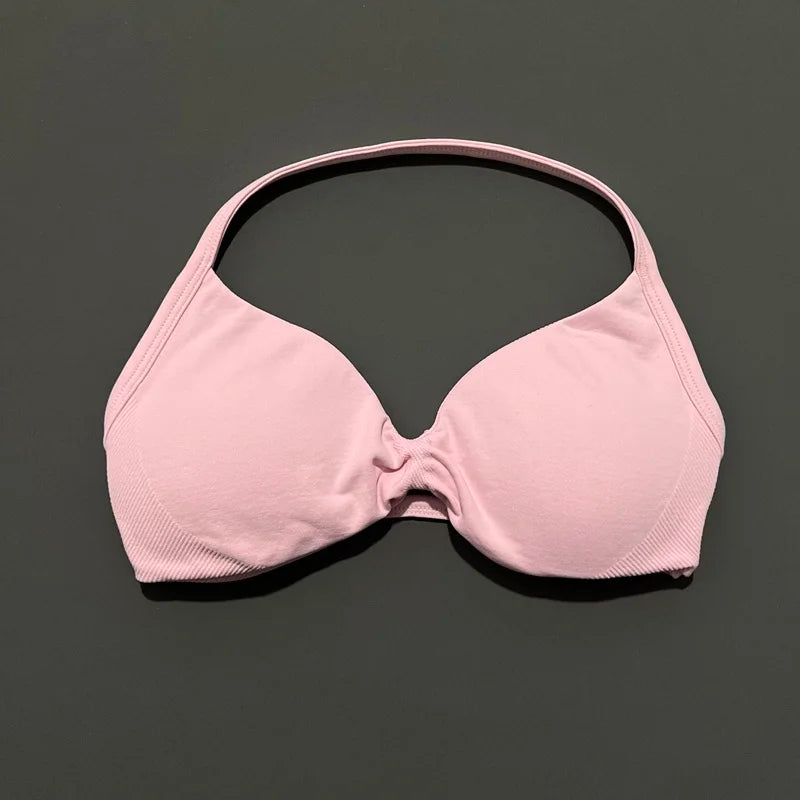 HISTELLO Strappy Bra Gym Top Women High Support Thin Strap Halter Sports Seamless Bras Scrunch Push-up Workout Yoga Tank Tops