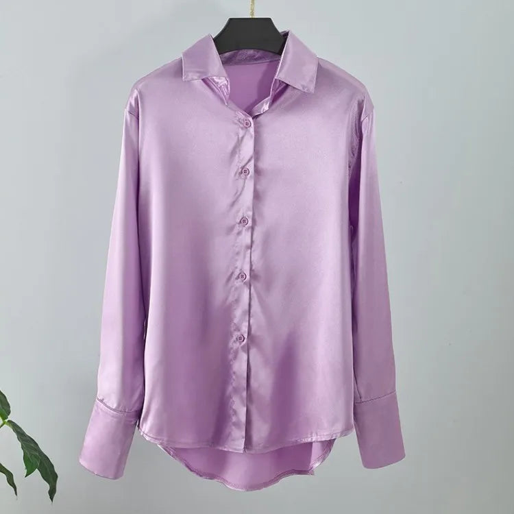 Fashion Long Sleeve Satin Women Shirts Office Lady Elegant Loose Silk Blouses Button Up Tops