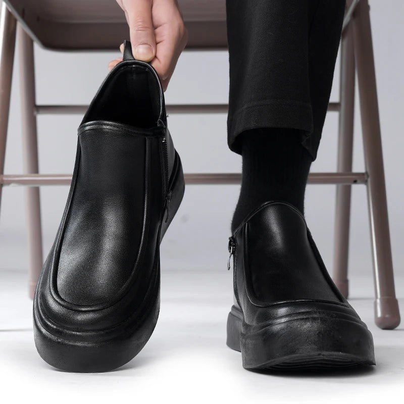 Men's Black Boots Versatile Casual Leather Boots Zipper PU Flat Bottom Casual Walking Shoes Autumn and Winter Men One Foot Shoes