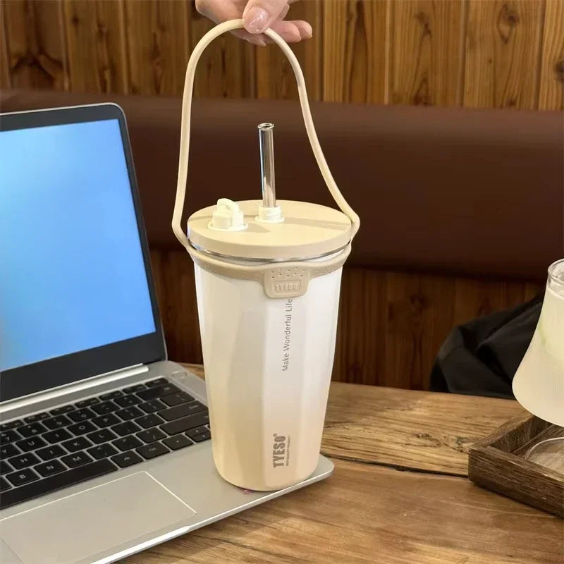 Stainless Steel Vacuum Insulated Coffee Mugs with Straw and Silicone Rope Portable Large Capacity Ice Bar Thermal Water Cup