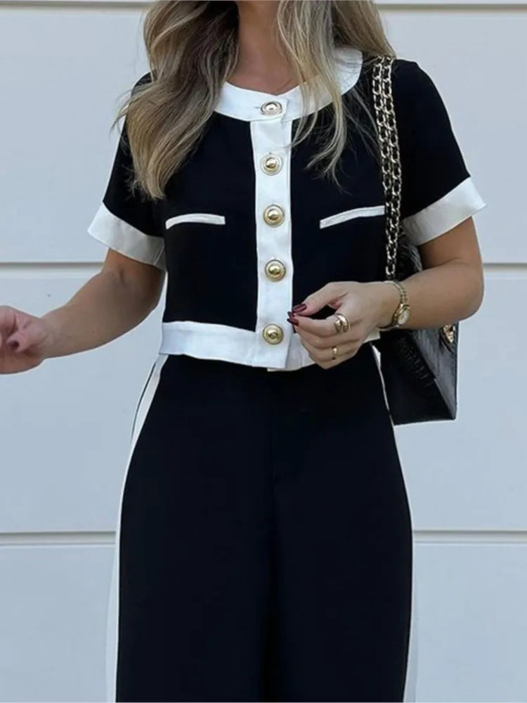 Spring Autumn Women's New Fashion Color Blocked Commuter Short Sleeved Top Straight Leg Pants Set Two Piece Set