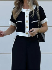 Spring Autumn Women's New Fashion Color Blocked Commuter Short Sleeved Top Straight Leg Pants Set Two Piece Set