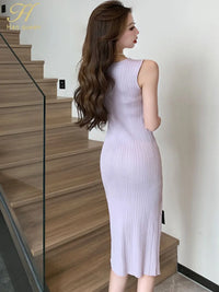 H Han Queen 2023 New Summer Stretch Knitted Pencil Dresses Simple V-neck Sleeveless Split Work Party Dress Bodycon Dress Women