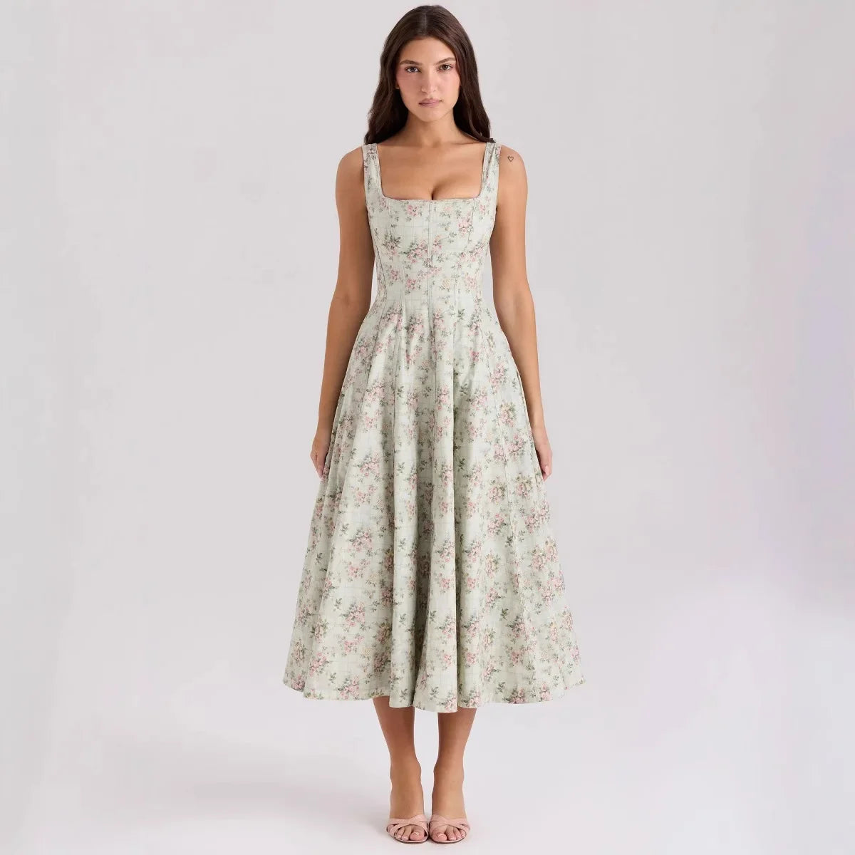 Summer Elegant Lace Up Dress 2025 New Arrivals Floral Print Midi Dress Women Sexy Corset Dress for Holiday Birthday