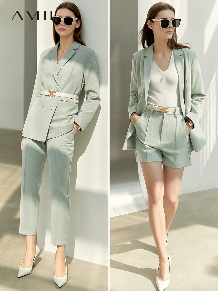 Amii Minimalism Spring Office Lady Blazer Women Jacket Lace V-neck Tank Tops High Waist Pants Separately Female Blazers 12060909