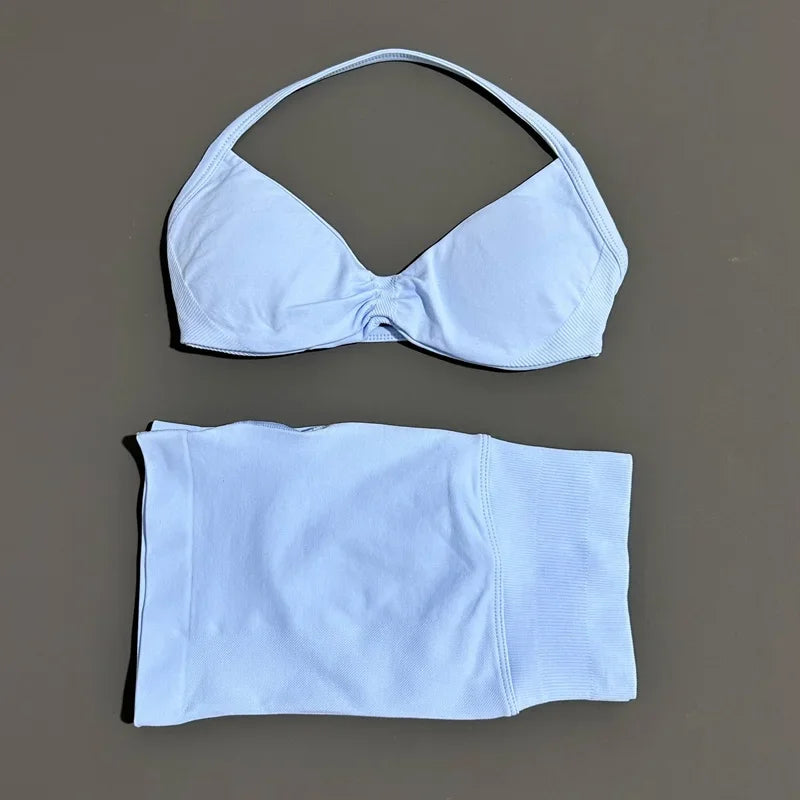 2 Piece Sport Set Women Seamless Yoga Tank Bra High Waist Scrunch Bum Gym Shorts Sets Fitness Running Workout Suit