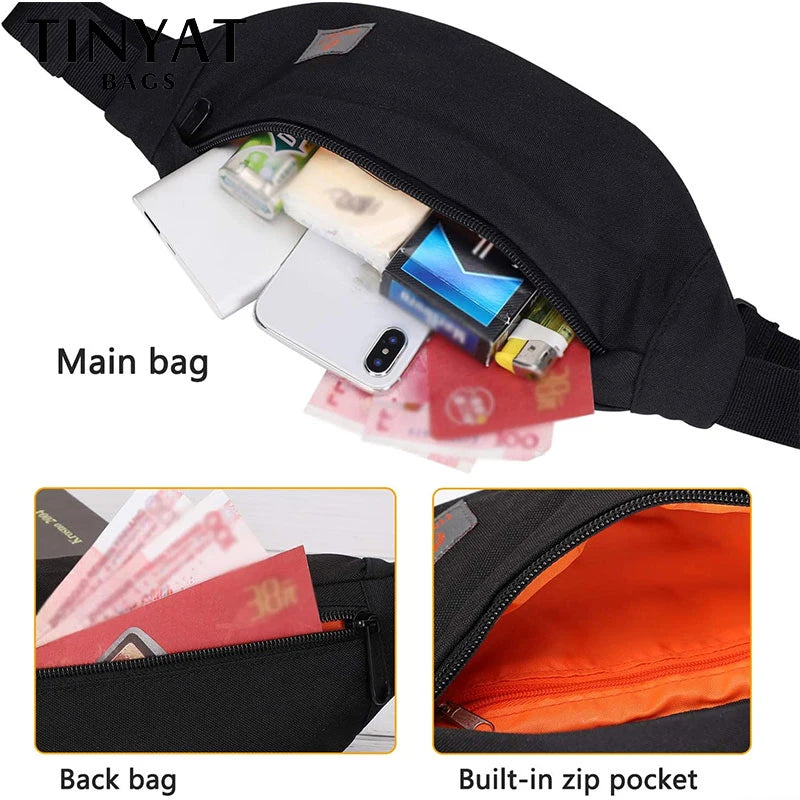 TINYAT New Men Casual Waist Pack Bag Brand Canvas Shoulder Fanny Packs Women Belt Bag Pouch For Money Phone Black Bum Hip Bag