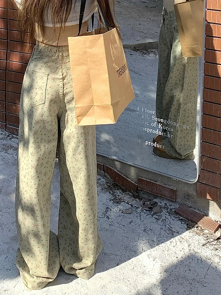 Trendy Vintage Flower Jeans Women High Waist Wide Leg Straight Pants Denim Trousers Green Floral Baggy Pants with Pocket Fashion
