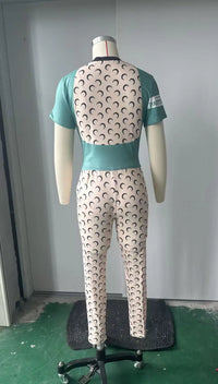 STYLISH LADY Letter Moon Printed Fitness 2 Piece Set Women Short Sleeve Crop Top and Skinny Pant Suits 2025 Summer Sports Outfit