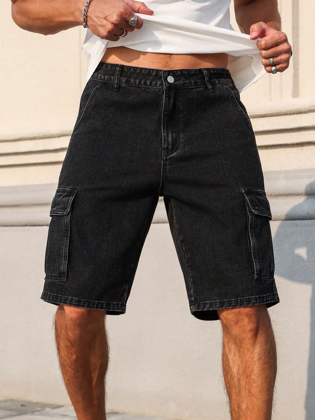 Men's summer denim black shorts. Workwear style. For daily leisure. Creating a trendy street - style look.