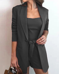 Women Elegant Blazer Sets Autumn Formal Office Lady OL Shorts Top Sets Solid Top & Blazer Coat & Shorts Sets