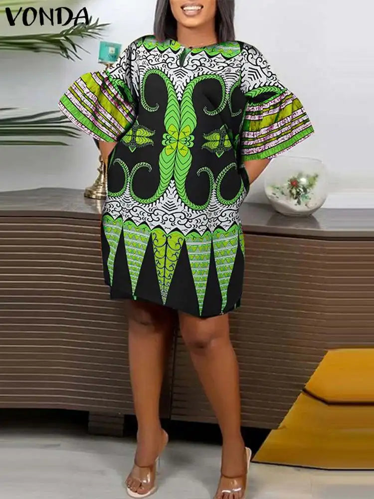Plus Size 5XL VONDA Women Dress 2024 Fashion O-neck Elegant Mini Dresses Casual Half Flared Sleeve Sundress Bohemian Vestidos