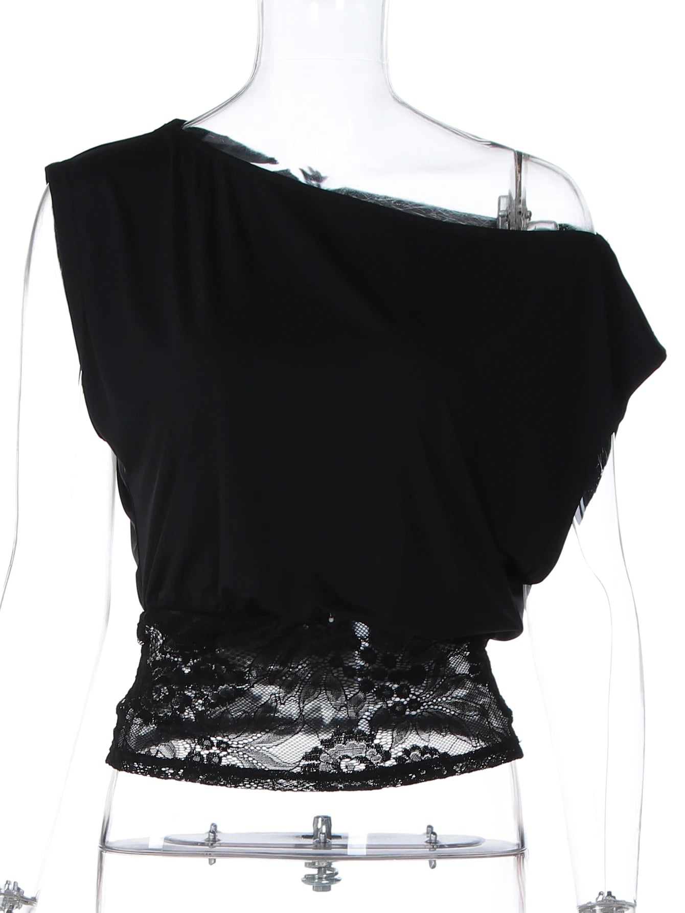 Dulzura Summer Fashion Sexy Inclined Shoulder Lace See Through Patchwork T-Shirt Women'S Solid Casual Y2K Top Party Club Clothes