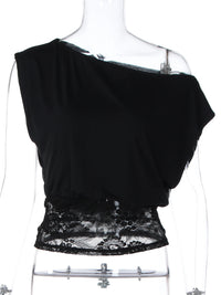 Dulzura Summer Fashion Sexy Inclined Shoulder Lace See Through Patchwork T-Shirt Women'S Solid Casual Y2K Top Party Club Clothes
