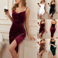 2022 Summer New Fashion Evening Dress Temperament Slit Pleated Velvet Suspender Sexy Dress