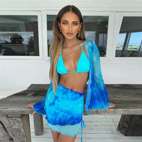 Sexy Summer Mesh Long Sleeve Crop Top Mini Skirts Two Piece Holiday Matching Set