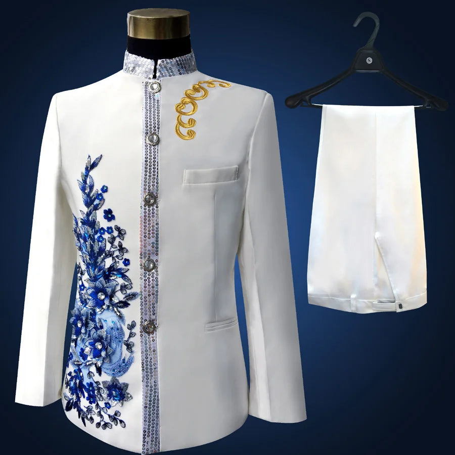 New Black Wedding Groom Tuxedos Suit Men Fashion Paillette Embroidered Male Singer Performance Party Prom Blazer Suit 4 Pcs